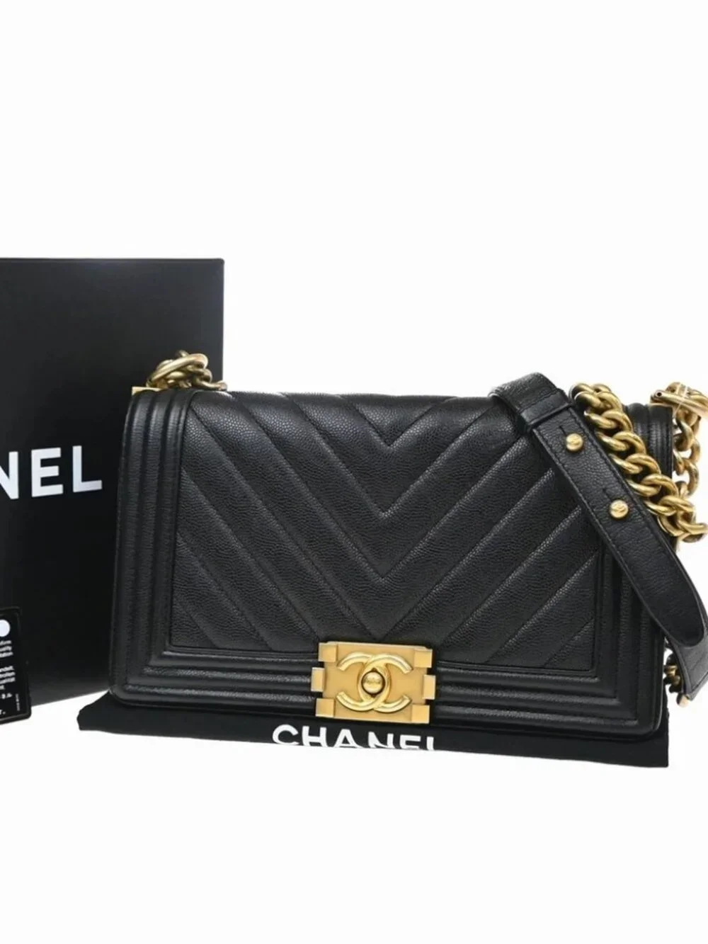 CHANEL CC Logo Boy Chain Shoulder Bag Grained Calfskin Leather Black